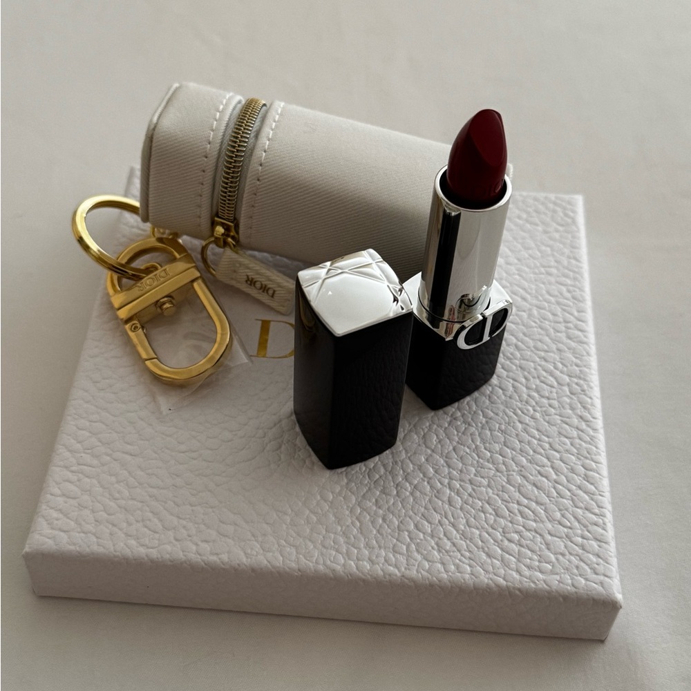 Dior Red Lipstick with White and Gold Keychain